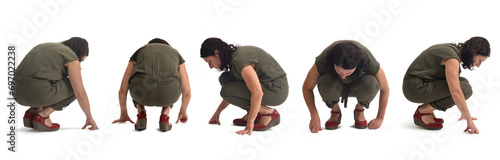 group a same woman squatting searching or staring at something on the floor on white background