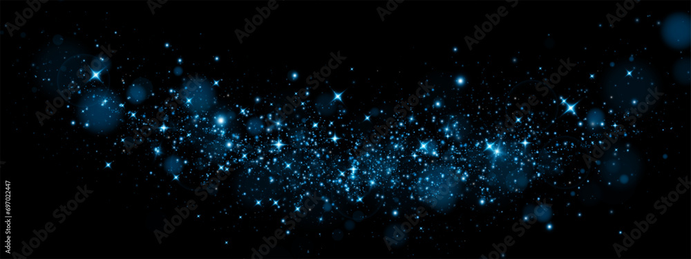Bokeh, dust sparks and blue stars shine with special light. Vector sparks on black background. Christmas light effect. Sparkling magic dust particles. - obrazy, fototapety, plakaty 