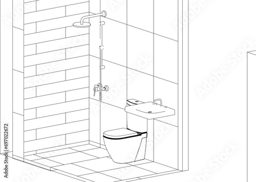 isometric bathroom and toilet design line drawing 3d illustration vector