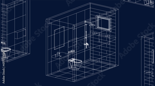 isometric bathroom and toilet design line drawing 3d illustration vector