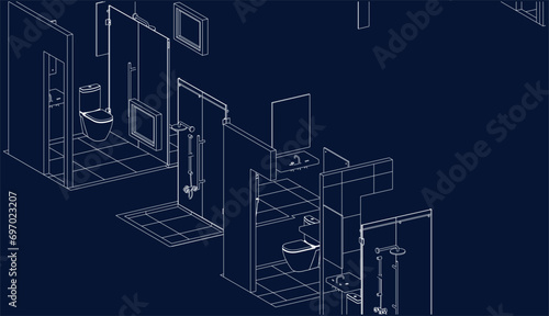 isometric bathroom and toilet design line drawing 3d illustration vector