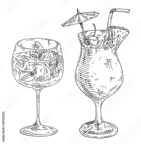 Cocktail gin tonic with slice lemon and mint leaves. Vintage engrave monochrome