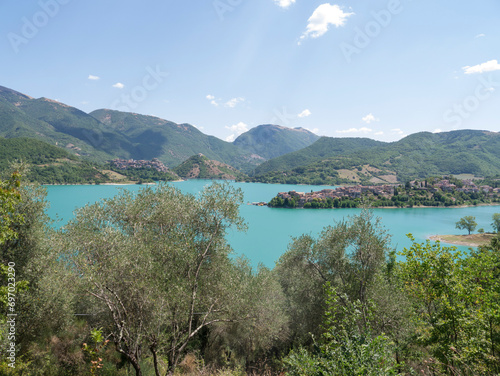 Panorama of Lake Turano with the two towns overlooking the coast, Rieti, Italy