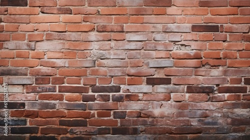 Expansive panorama showing the textured surface of an aged red brick wall with noticeable weathering and various shades of bricks, suitable for a rustic background.