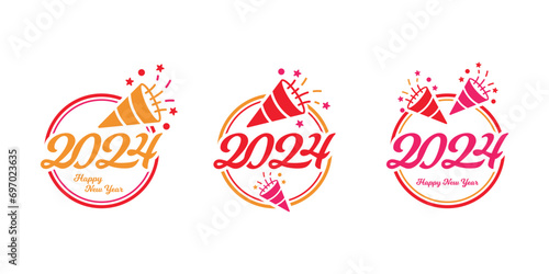 Party popper and new year emoji icon, with ribbon and confetti. Congratulate and celebrate template. Confetti Logo. Set of party poppers and new year 2024 vector. Exploding and festive cracker icon. photo