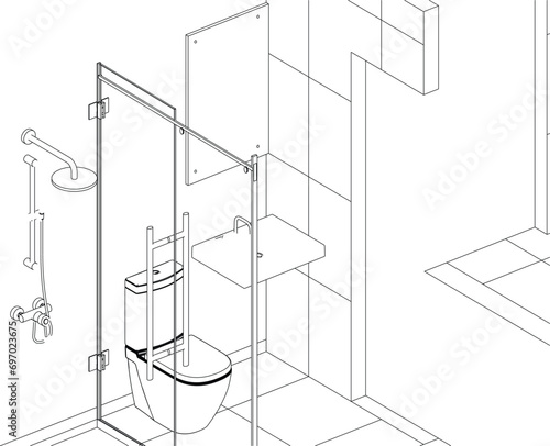 bathroom and toilet design isometric line drawing 3d illustration vector