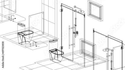 bathroom and toilet design isometric line drawing 3d illustration vector