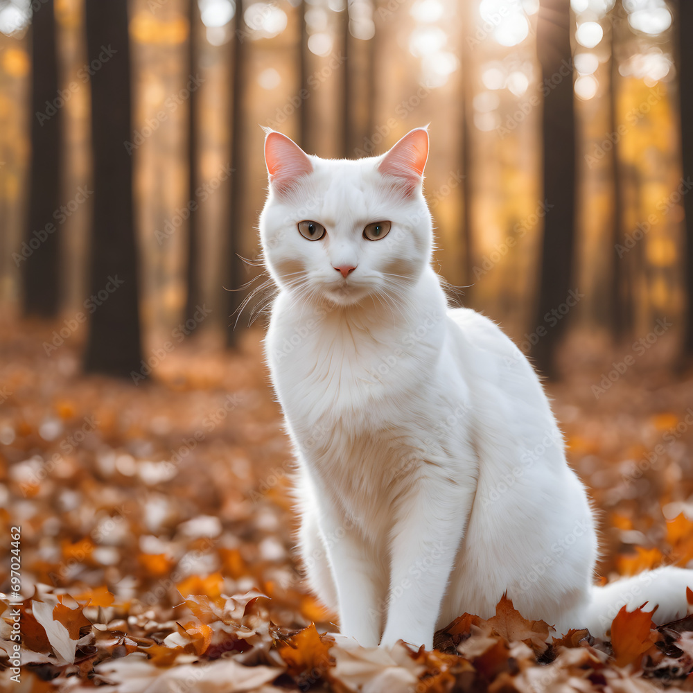 white cat in autumn forest