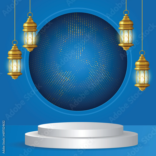 Islamic Background Design with Beautiful Podium and Elegant Lanterns