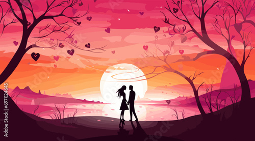 loving couple hugging at sunset with hearts. vector illustration