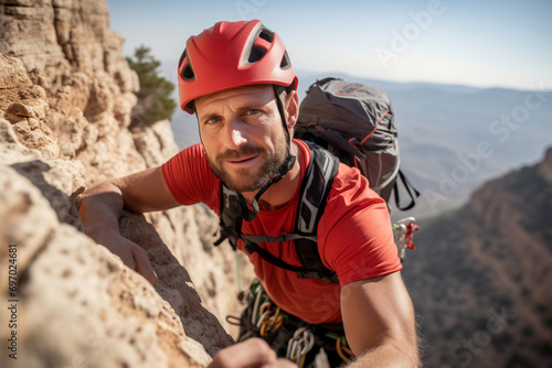  A rock climbing man climbs a rock wall.