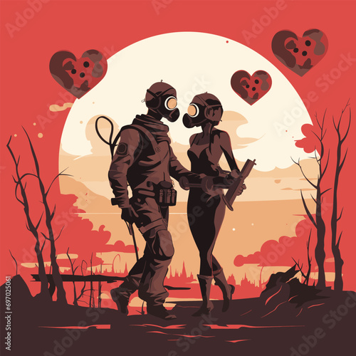 Love Rising from the Ashes on Valentine's After the Apocalypse. vector illustration