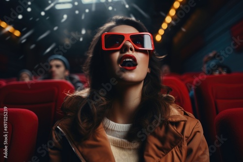 A woman with 3D glasses laughing and having a great time watching a movie in a cinema.