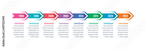 colorful arrow signs timeline template. eight options infographic template. business, education, magazine, annual report, internet information template