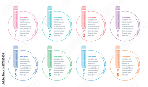 circle and pencil infographic template. eight option informational templates. education, web, internet, annual report infographic template