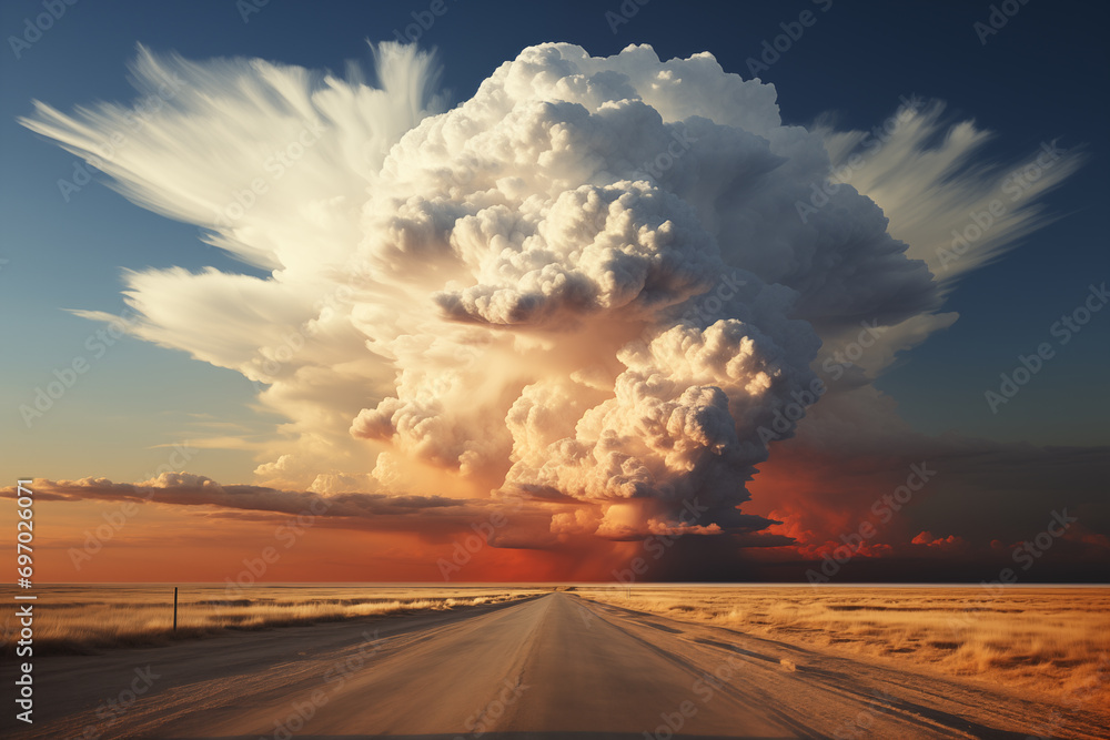 landscape with dramatic sky and huge cumulonimbus thundercloud on the horizon, nature background