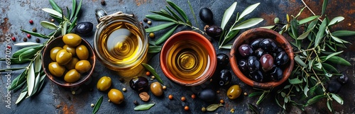  Olive oil and colorful olives in wooden bowls with olive tree branches on a stone surface. Mediterranean products, still life, natural light.