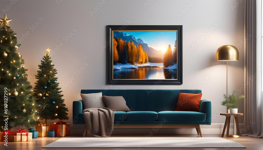 Living room interior mockup with photo frame for poster on the wall of the house. Modern interior design with finishing. 3D rendering, Living room interior mockup with photo frame for poster on the wall of the house. Modern interior design with finishing. 3D rendering,