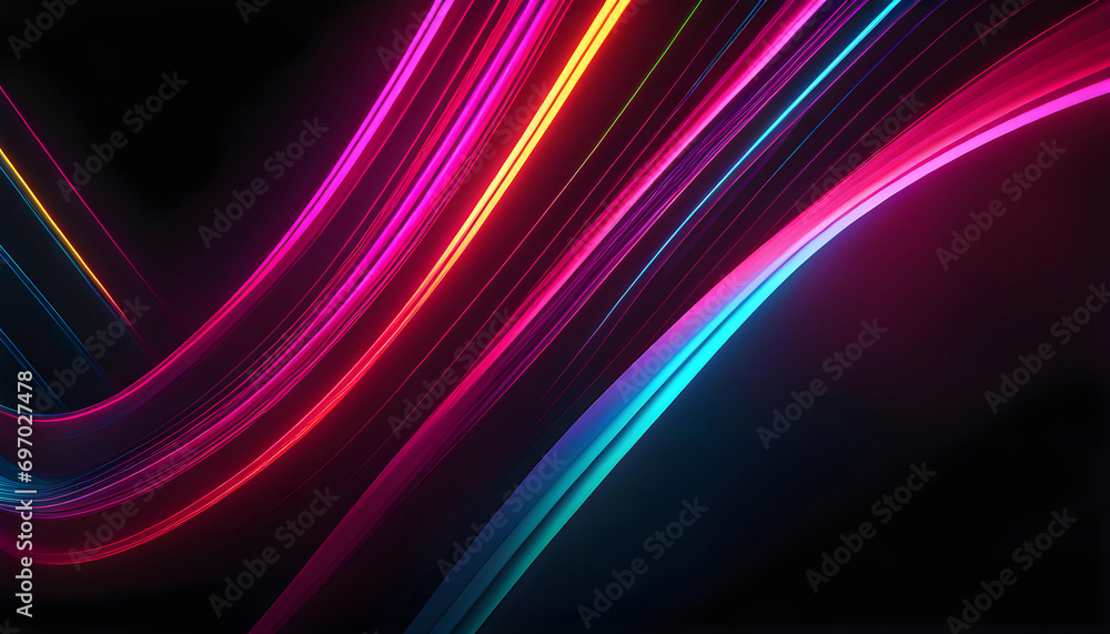 abstract diverging neon lines isolated on black background. Digital techno wallpaper for design, 3D rendering,