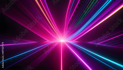abstract diverging neon lines isolated on black background. Digital techno wallpaper for design, 3D rendering, photo