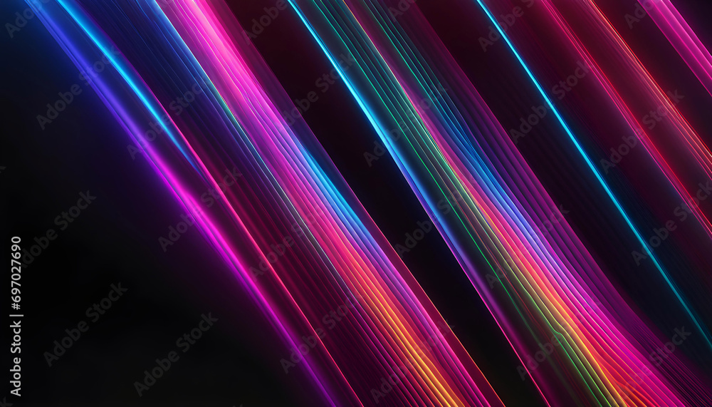 abstract diverging neon lines isolated on black background. Digital techno wallpaper for design, 3D rendering,