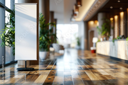 Pull up banner mockup stands in the elegant building hallway. Blank roll up poster for advertising or marketing message in modern interior photo
