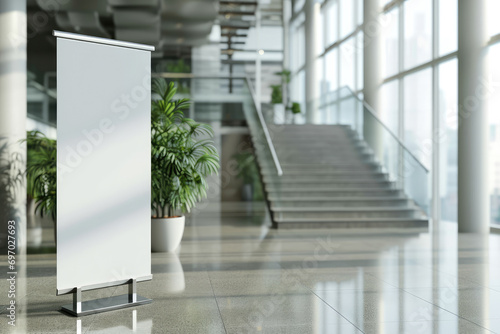 Pull up banner mockup stands in the elegant building hallway. Blank roll up poster for advertising or marketing message in modern interior photo