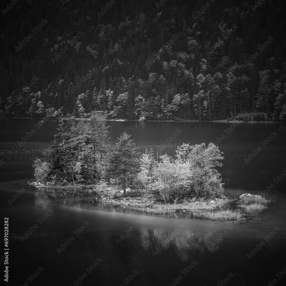Small island with trees in the Eibsee, on the Zugspitze.