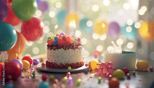 a birthday cake sitting on a table with balloons