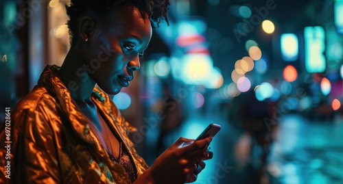 a black woman using a smartphone in a city street photo
