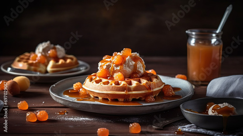 Handmade Belgian waffles, poured with caramel and cloudberries, with ice cream on the table with sprinkles. © lastfurianec