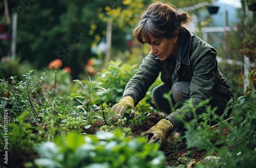 a woman in gardening gloves plowing plants