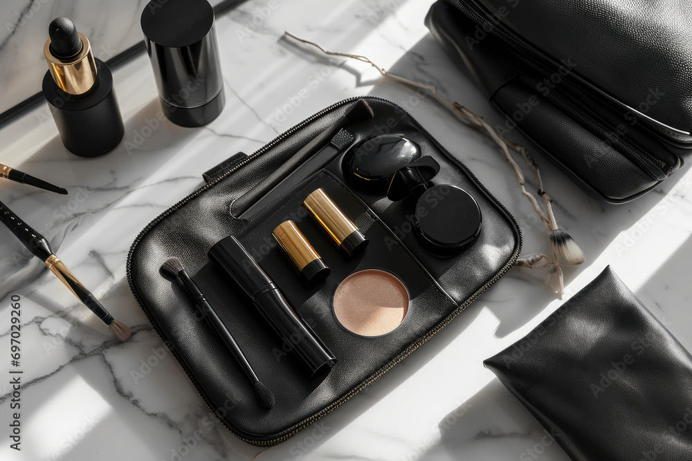 A minimalist image of a makeup pouch with carefully arranged products