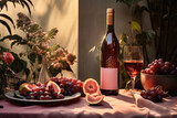 a wine bottle and fruit on a table in nature