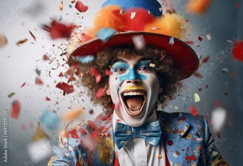 a clown in a hat makes confetti,