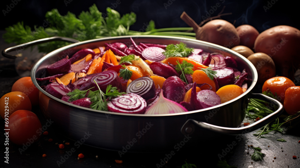 Organic vegetables cut into large pieces a saucepan. Concept of a healthy vegetarian diet.