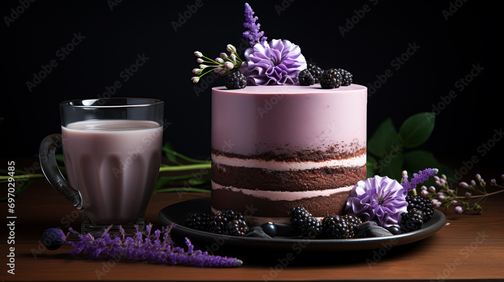 Lavender smoothie with handmade chocolate cake. Homemade dessert.