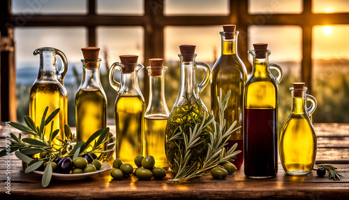 mediterranes Öl Oliven Flaschen Zutat zum Essen Kochen dekorativ auf Holztisch gesunde Kräuter zubereiten leichte Küche flüssiges Gold Feinschmecker Italien Griechenland Spanien Frankreich Essig