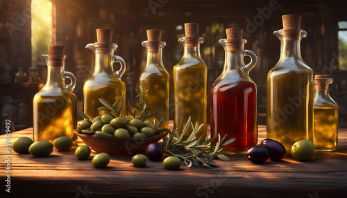 mediterranes Öl Oliven Flaschen Zutat zum Essen Kochen dekorativ auf Holztisch gesunde Kräuter zubereiten leichte Küche flüssiges Gold Feinschmecker Italien Griechenland Spanien Frankreich Essig photo