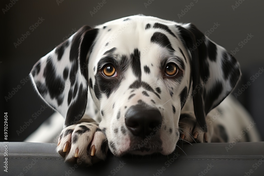 Studio portrait of a young Dalmatian with bright eyes and spotted fur against a dark gray background. Concept: advertising for dog food, veterinary clinics and articles about dog breeds