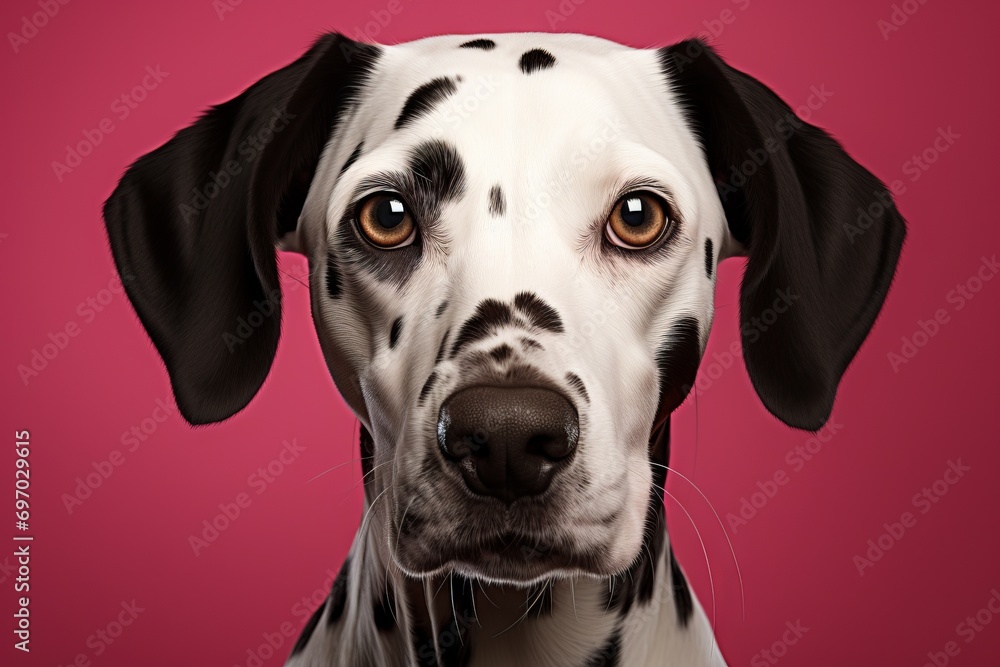 Portrait of a Dalmatian on a pink background with a serious look, expressive eyes and distinctive black spots. Concept for themes about pets, advertising for dog products and veterinary services
