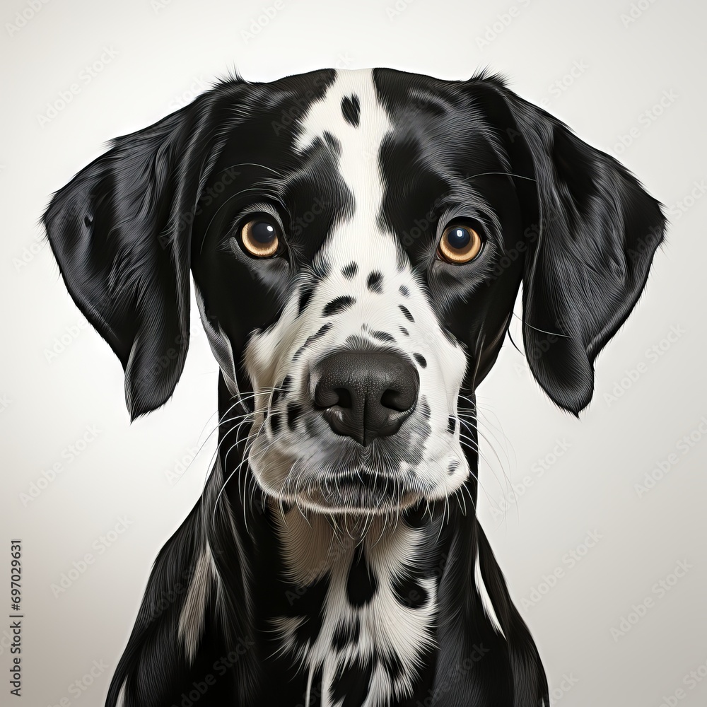 young Dalmatian with bright eyes and spotted fur against a dark gray background. Concept: advertising for dog food, veterinary clinics 