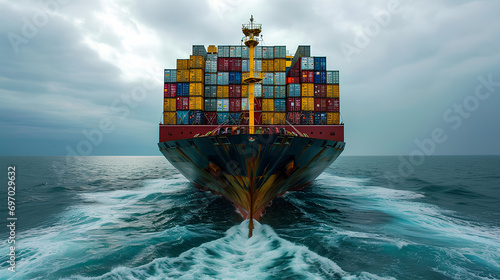 A ship loaded with containers sailing in the ocean, concept of goods transportation and international shipping