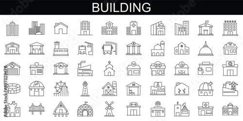 Building icon set, simple thin line style