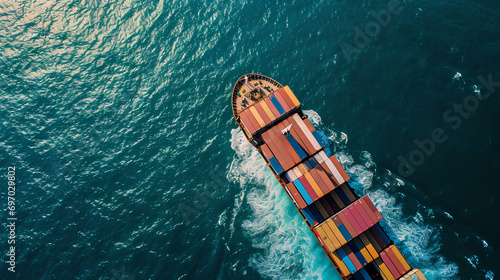 Top view of a cargo ship sailing in the water, loaded with containers, concept of international shipping and transportation