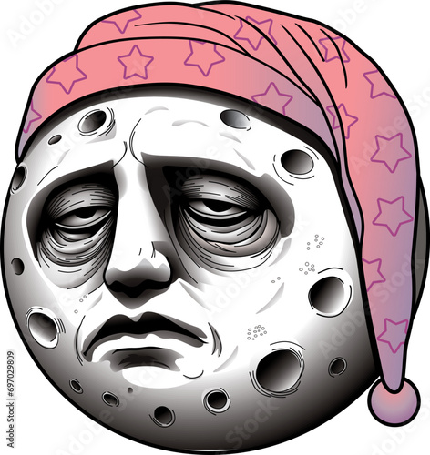 sleep-deprived full moon in a nightcap with stars