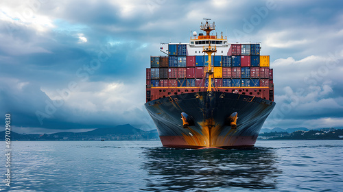 A ship loaded with containers sailing in the ocean, concept of goods transportation and international shipping