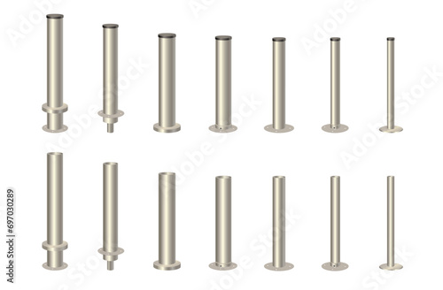 Metal columns with caps of different diameters. Steel 3d pipes. Metal poles. Vector design for advertising banners of street lamps