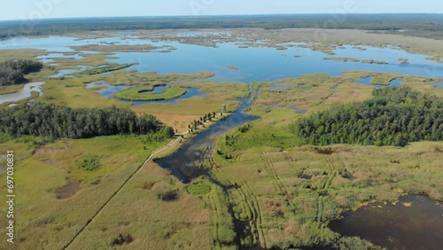 Aerial view on the Danube Biosphere Reserve in Danuble delta. Danube delta, Vylkove District, Odessa oblast, Ukraine, Europe.  photo