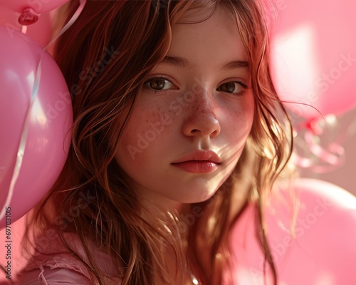 beautiful young girl holding balloons on pink background © olegganko
